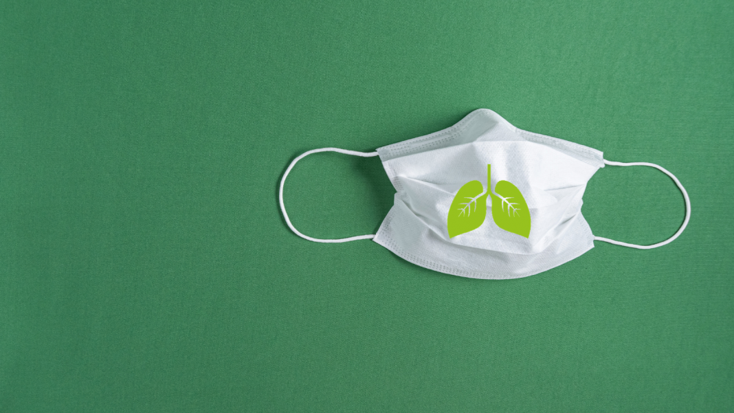 grüner Hintergrund, Maske mit Logo der Österreichischen Lungenunion, Credit: Canva