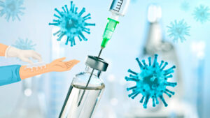 Coronavirus, Impfstoff und Hand mit Pricktest, Credit: Canva