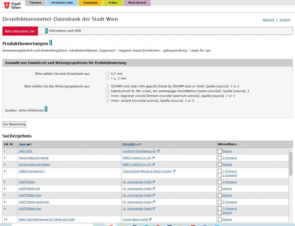 Screenshot Desinfektionsmittel-Datenbank der Stadt Wien