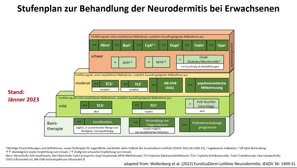 Stufenplan zur Behandlung der Neurodermitis bei Erwachsenen. Adaptiert nach Wollenberg A. et al.: European guideline (EuroGuiDerm) on atopic eczema: part I – systemic therapy; JEADV 36: 1409-1431