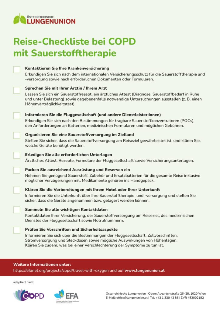 Reise-Checkliste bei COPD und Sauerstoffbehandlung